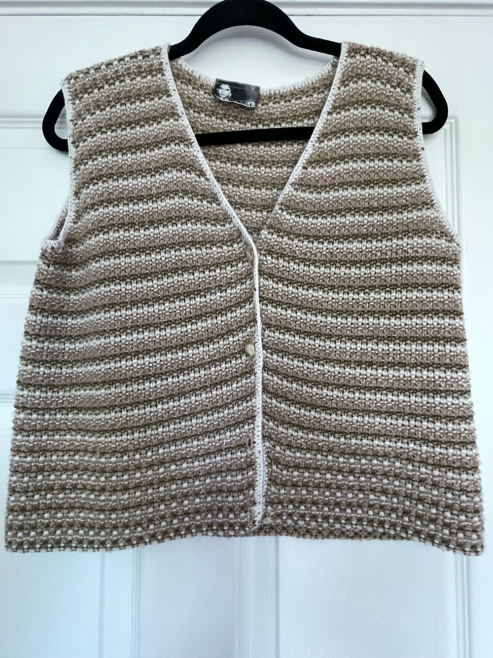 Neutral Beige Knit V-Neck Sweater Vest with White Trim